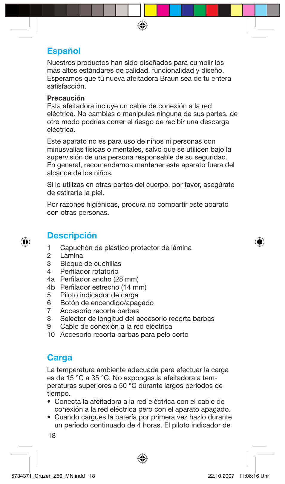 Español, Descripción, Carga | Braun 5734 User Manual | Page 18 / 65