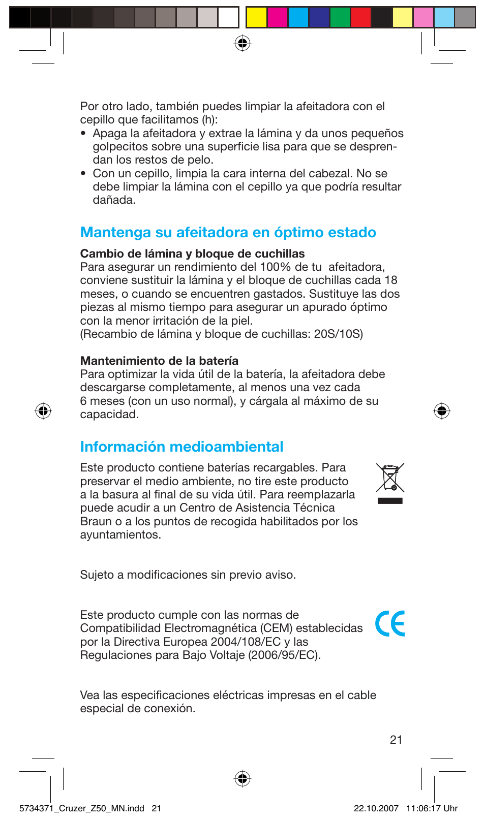 Mantenga su afeitadora en óptimo estado, Información medioambiental | Braun 5734 User Manual | Page 21 / 65