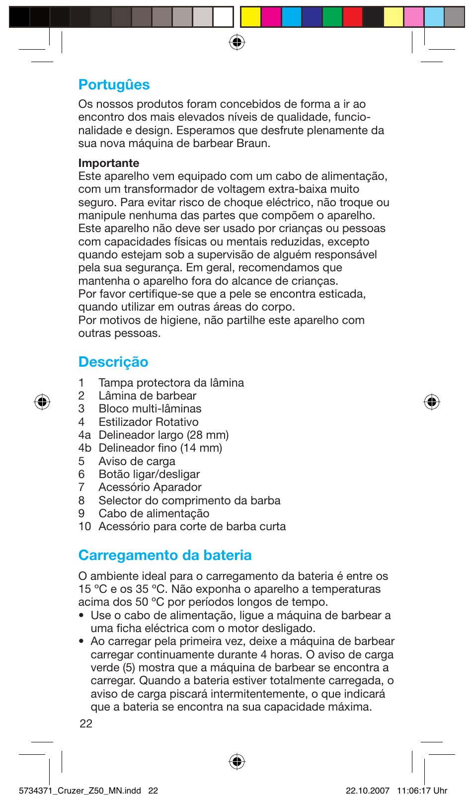 Portugûes, Descrição, Carregamento da bateria | Braun 5734 User Manual | Page 22 / 65