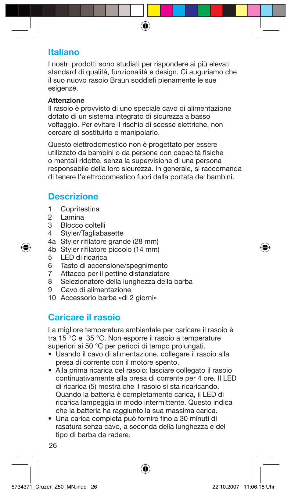 Italiano, Descrizione, Caricare il rasoio | Braun 5734 User Manual | Page 26 / 65