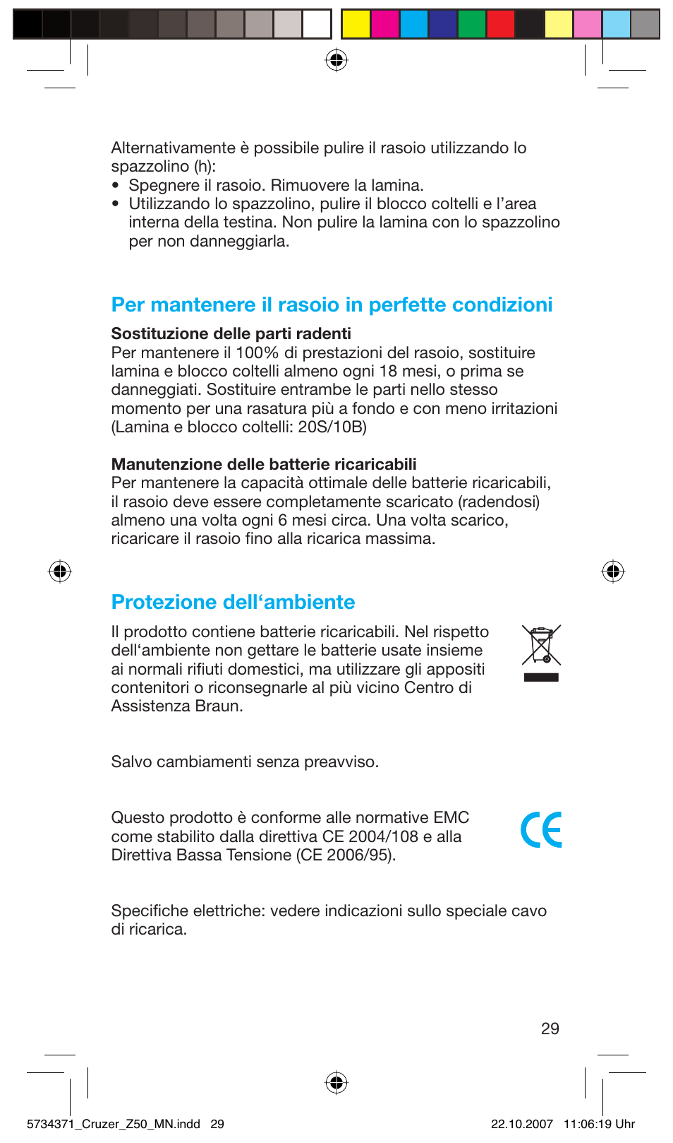 Per mantenere il rasoio in perfette condizioni, Protezione dell‘ambiente | Braun 5734 User Manual | Page 29 / 65