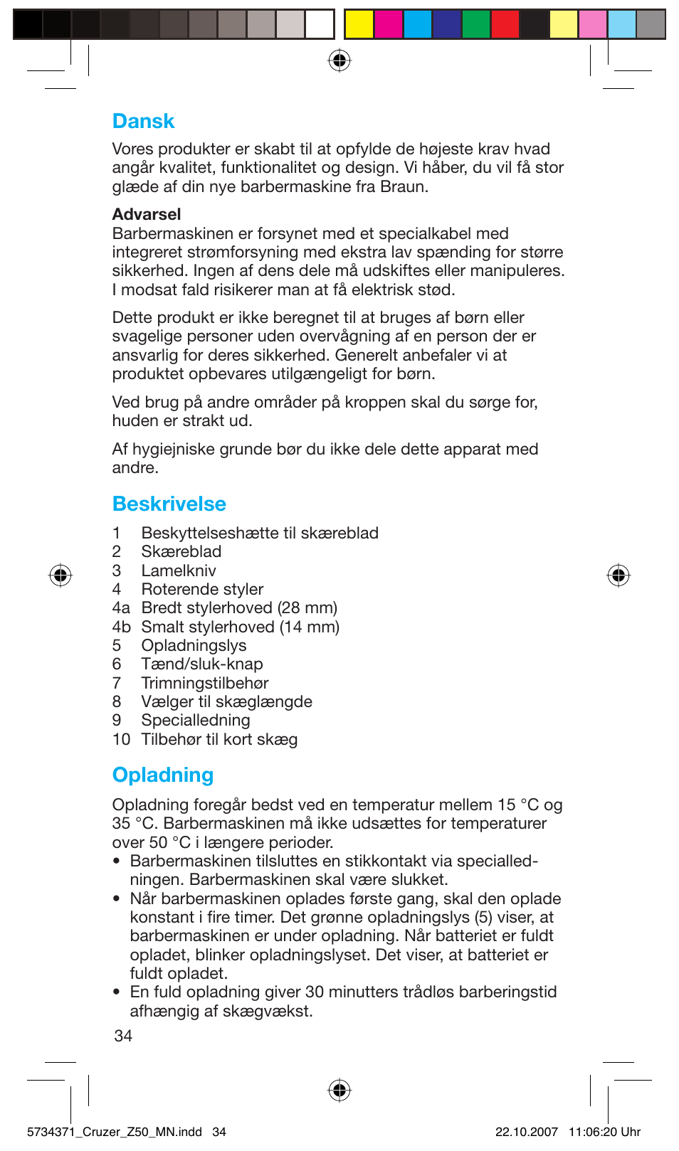 Dansk, Beskrivelse, Opladning | Braun 5734 User Manual | Page 34 / 65
