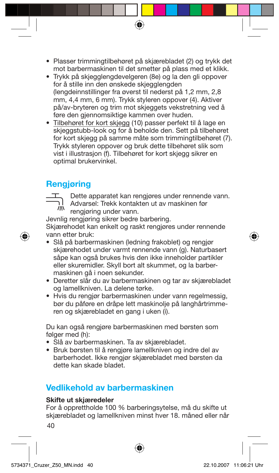 Rengjøring, Vedlikehold av barbermaskinen | Braun 5734 User Manual | Page 40 / 65