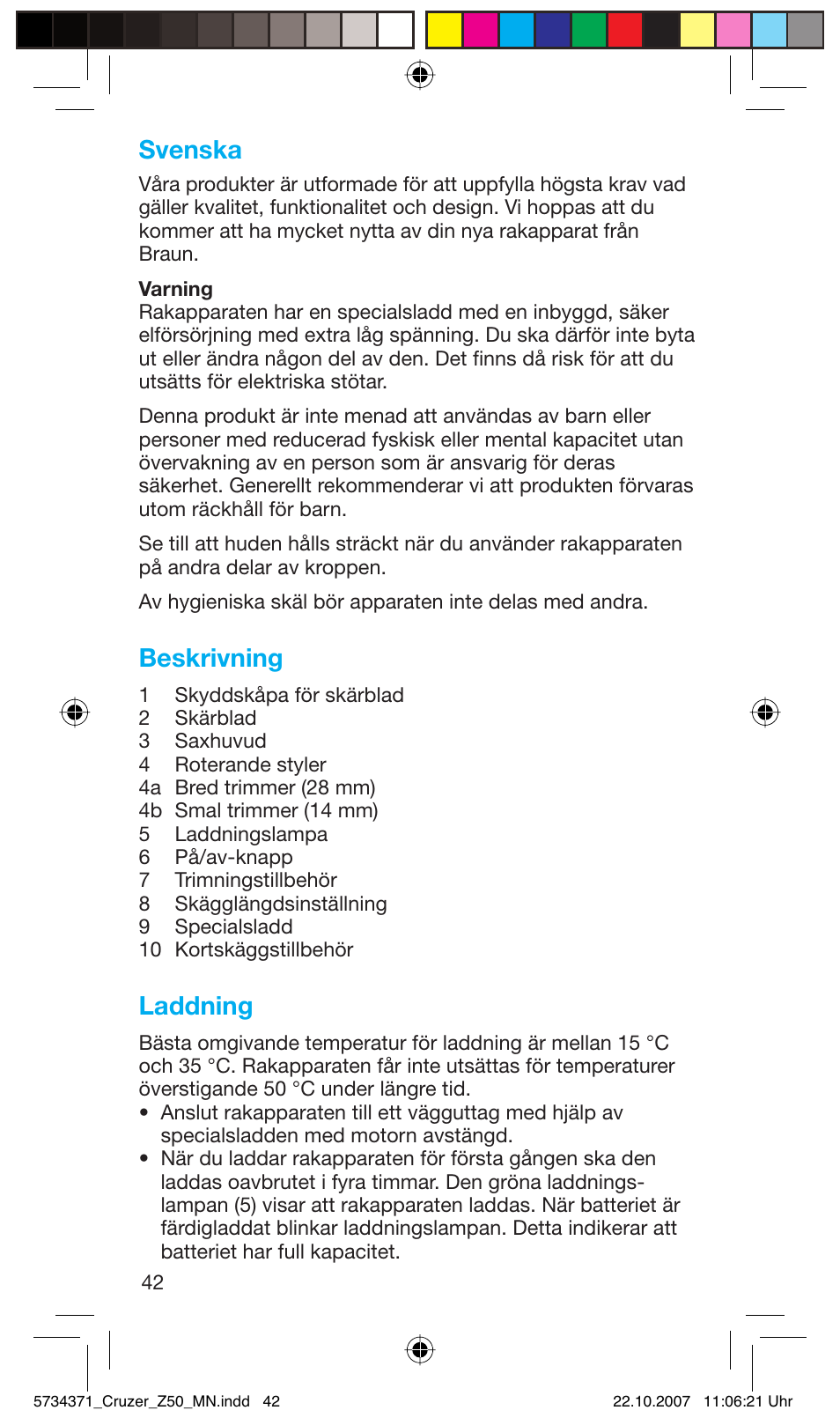 Svenska, Beskrivning, Laddning | Braun 5734 User Manual | Page 42 / 65
