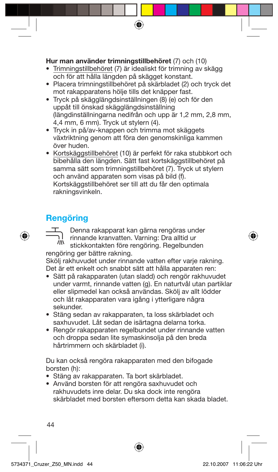 Rengöring | Braun 5734 User Manual | Page 44 / 65
