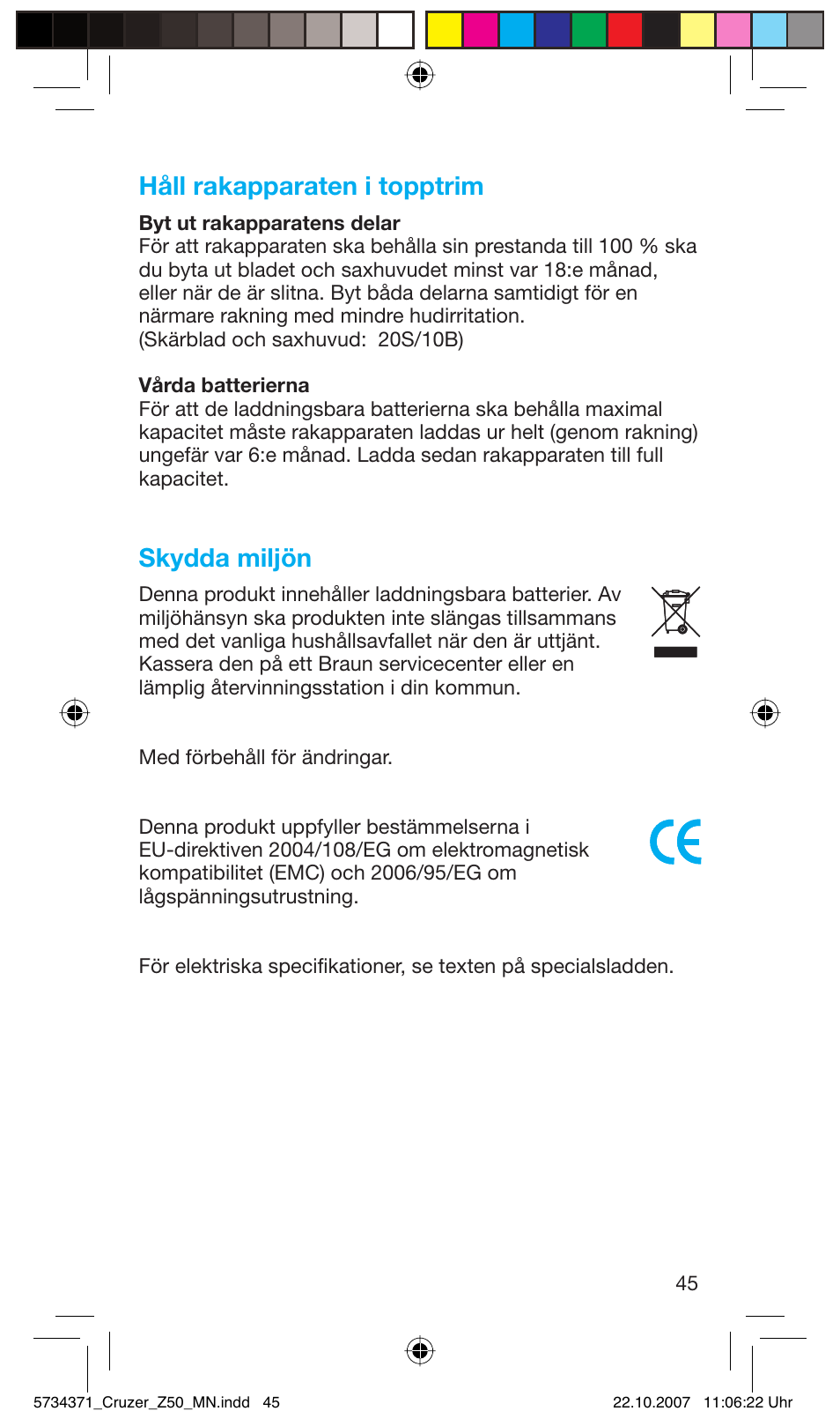 Håll rakapparaten i topptrim, Skydda miljön | Braun 5734 User Manual | Page 45 / 65
