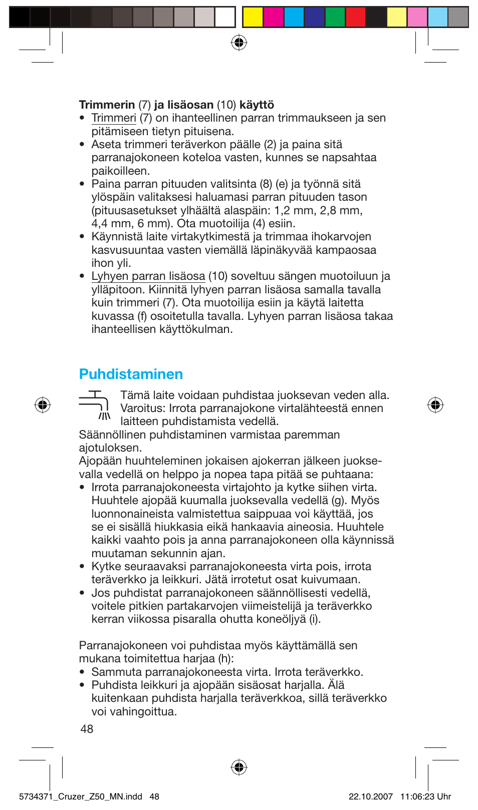 Puhdistaminen | Braun 5734 User Manual | Page 48 / 65