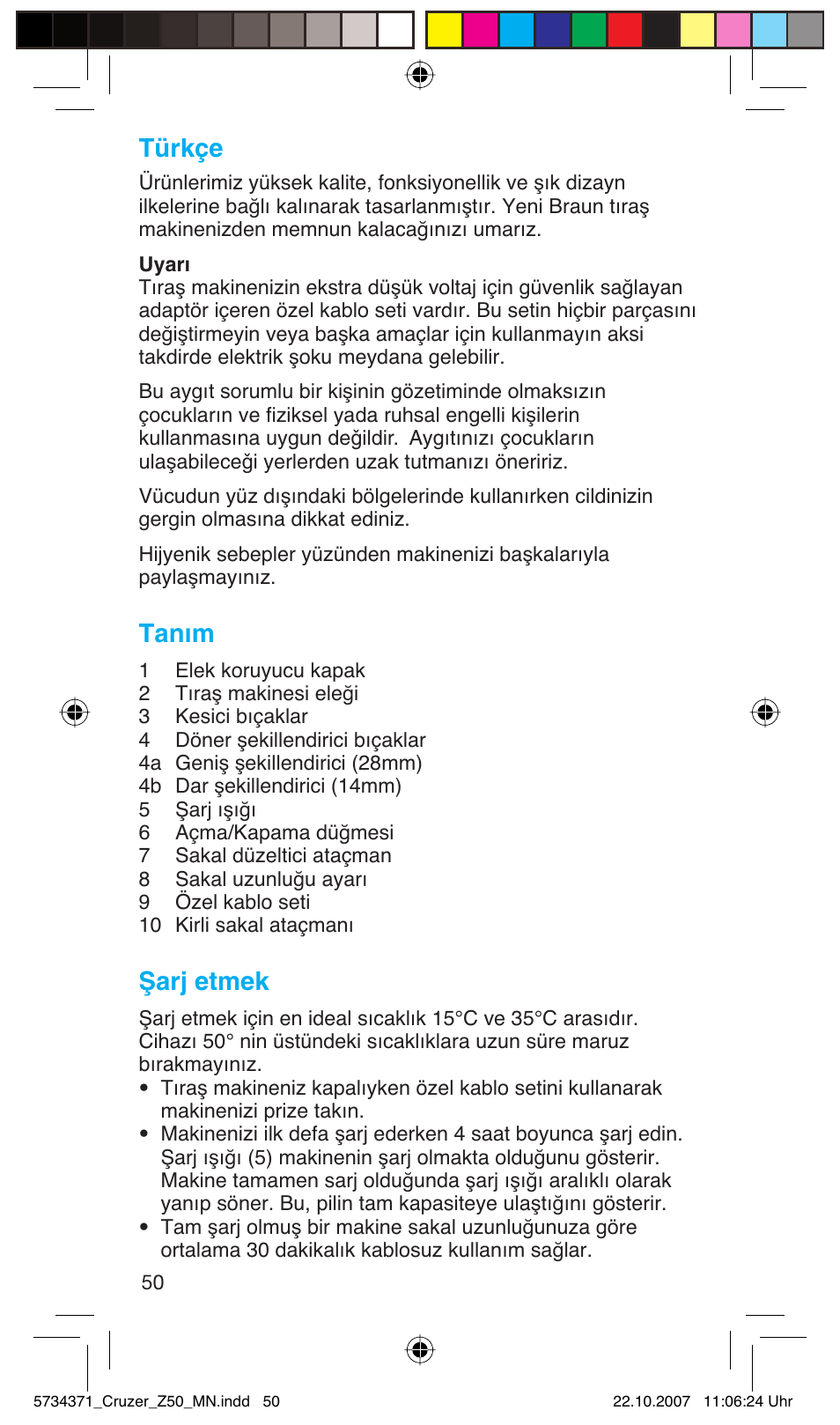 Türkçe, Tanım, Şarj etmek | Braun 5734 User Manual | Page 50 / 65