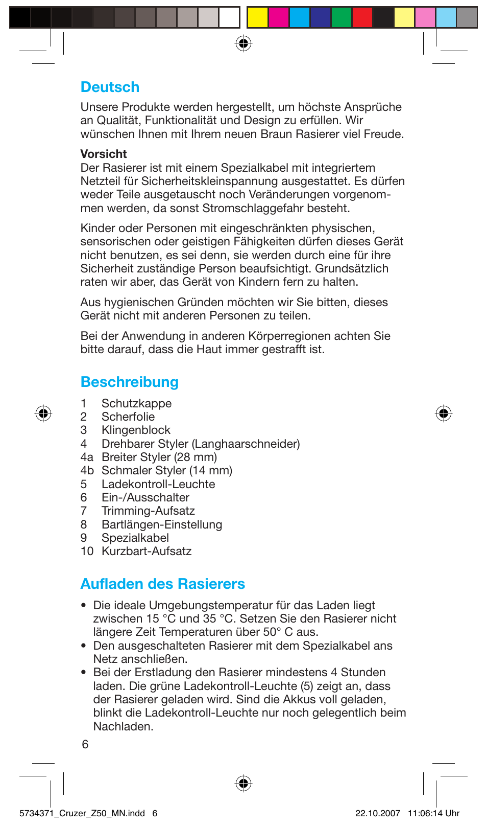 Deutsch, Beschreibung, Aufladen des rasierers | Braun 5734 User Manual | Page 6 / 65