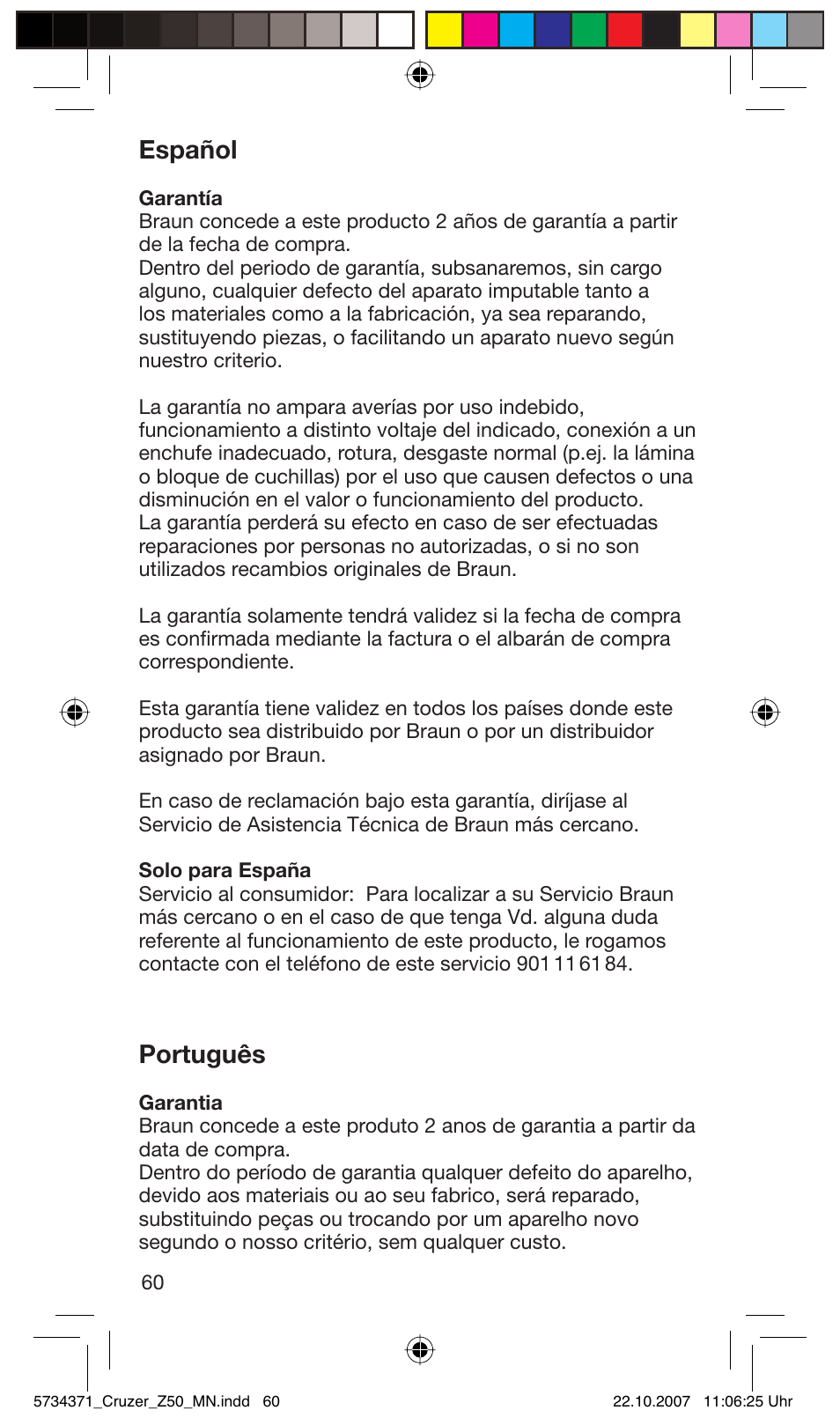 Español, Português | Braun 5734 User Manual | Page 60 / 65