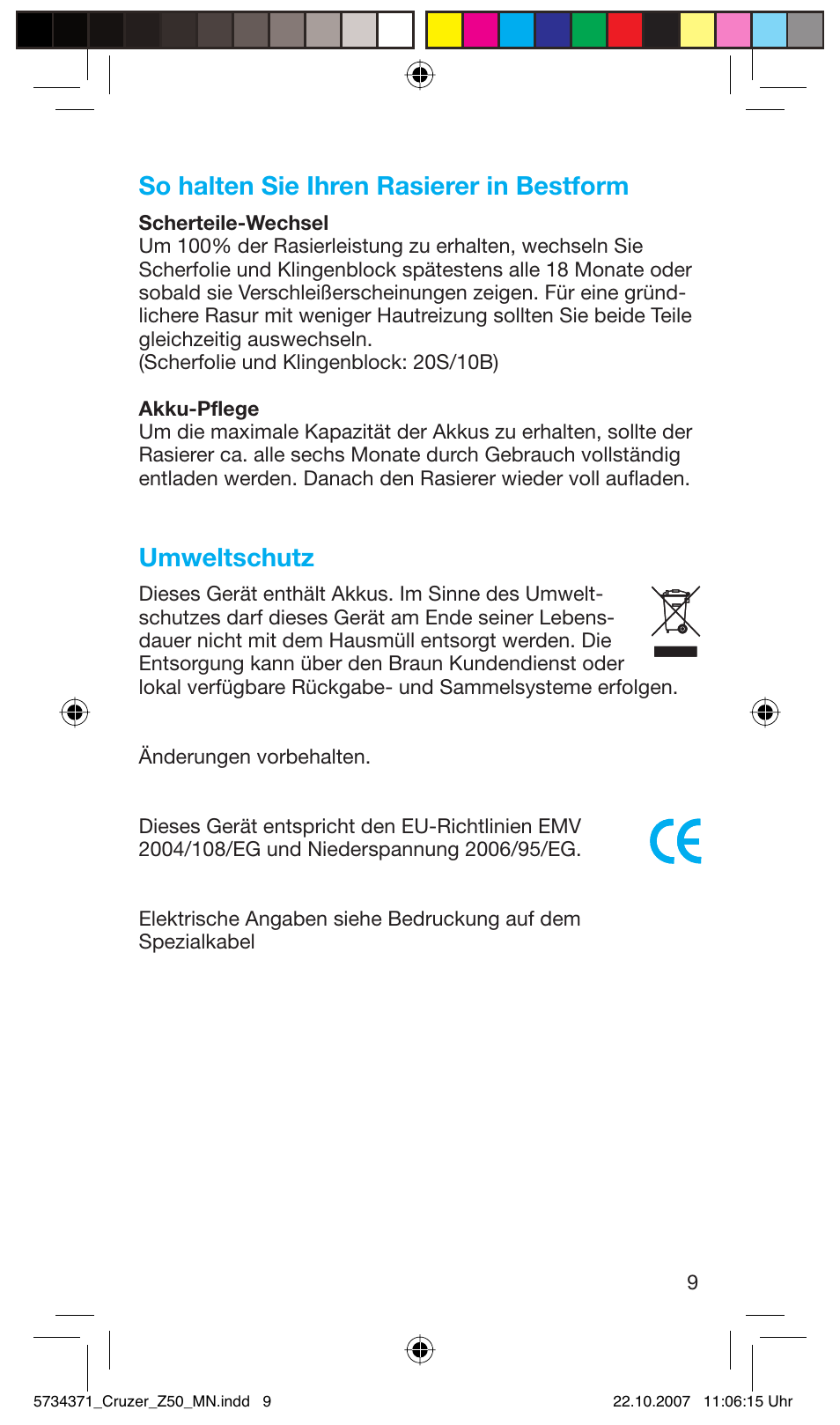 So halten sie ihren rasierer in bestform, Umweltschutz | Braun 5734 User Manual | Page 9 / 65