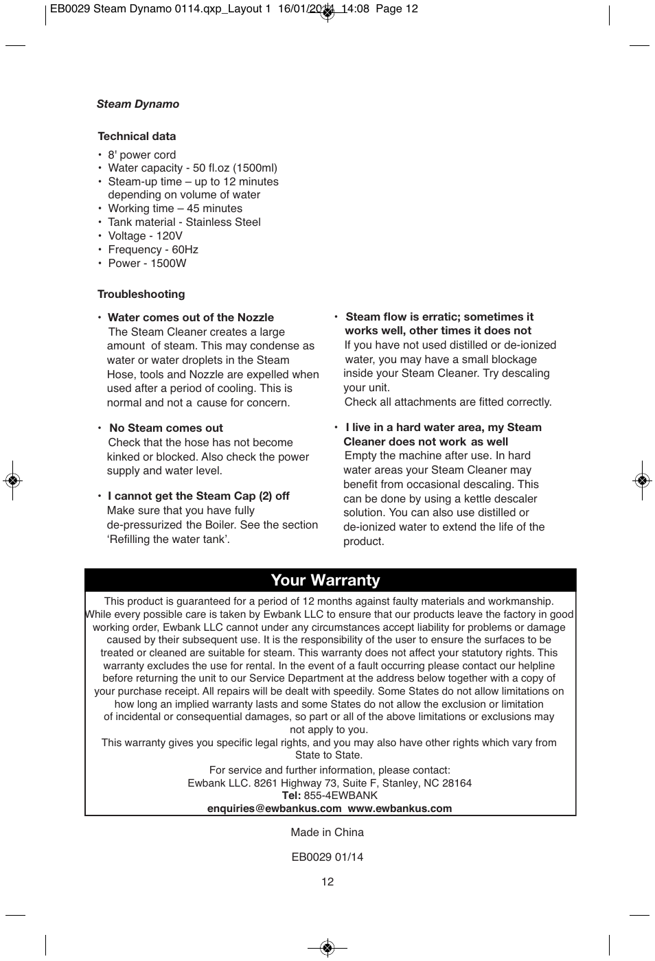 Your warranty | Ewbank Steam Dynamo SC1000 User Manual | Page 12 / 12