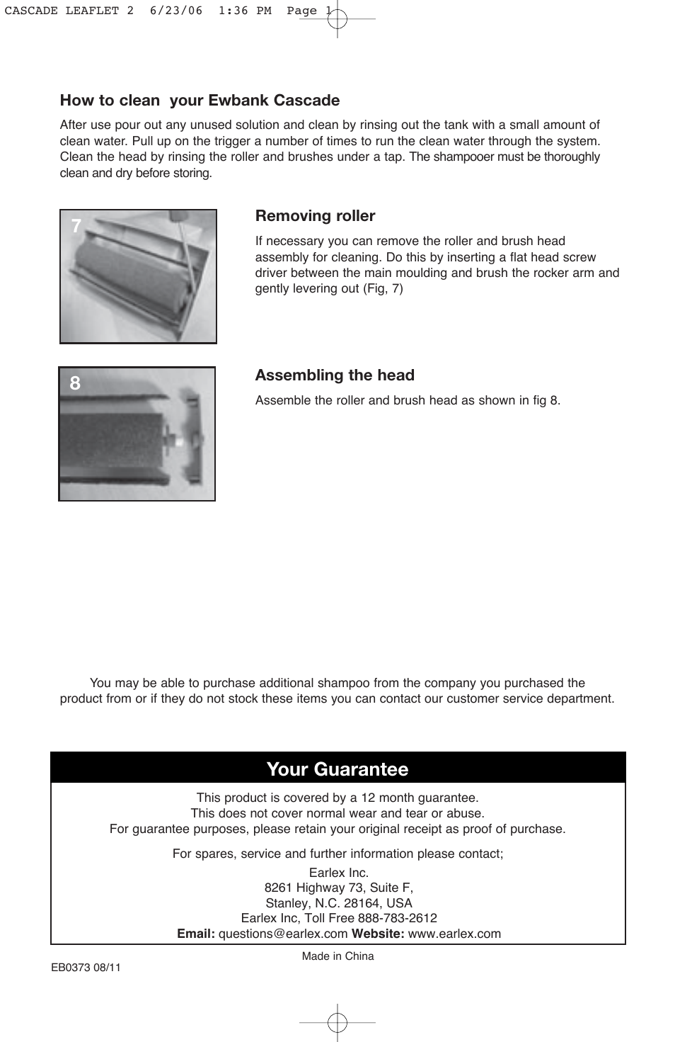 Your guarantee, Removing roller, Assembling the head | How to clean your ewbank cascade | Ewbank Сascade 280 User Manual | Page 4 / 4