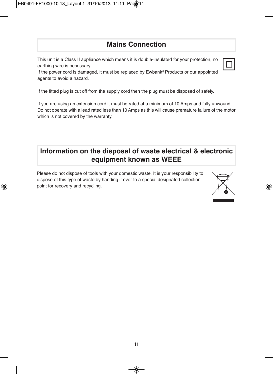 Mains connection | Ewbank Floor Scrubber & Polisher with Vac FP1000 User Manual | Page 11 / 12
