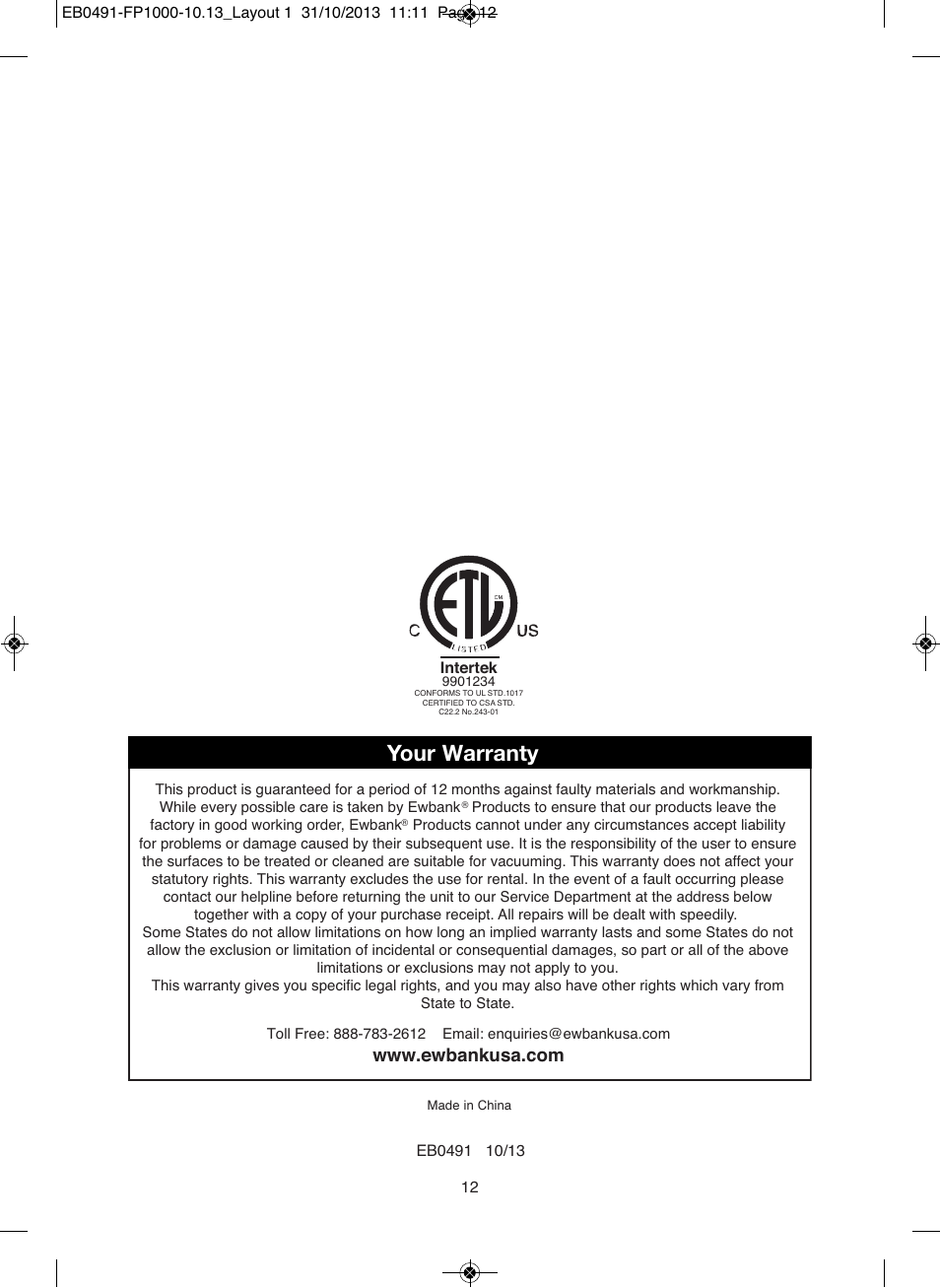 Your warranty | Ewbank Floor Scrubber & Polisher with Vac FP1000 User Manual | Page 12 / 12