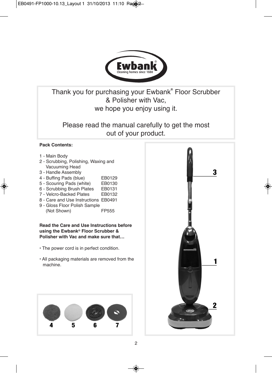 Ewbank Floor Scrubber & Polisher with Vac FP1000 User Manual | Page 2 / 12