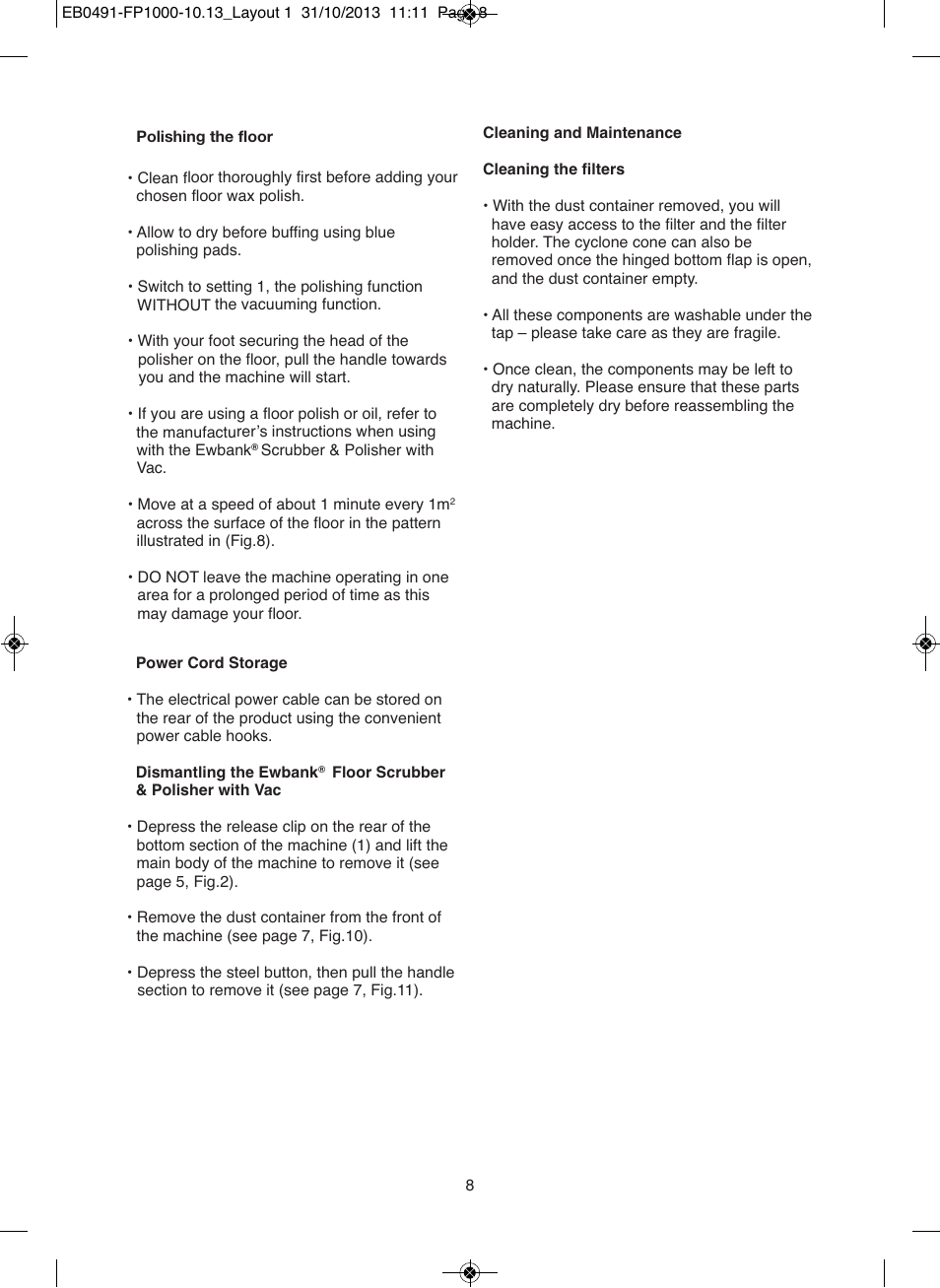 Ewbank Floor Scrubber & Polisher with Vac FP1000 User Manual | Page 8 / 12