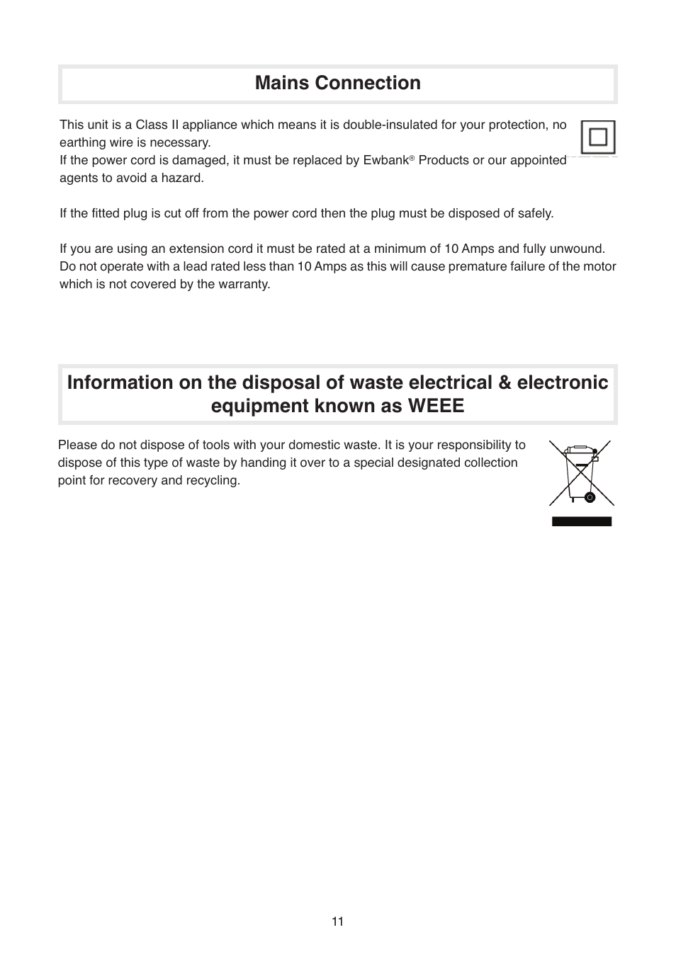 Mains connection | Ewbank Floor Scrubber & Polisher FP160 User Manual | Page 11 / 12