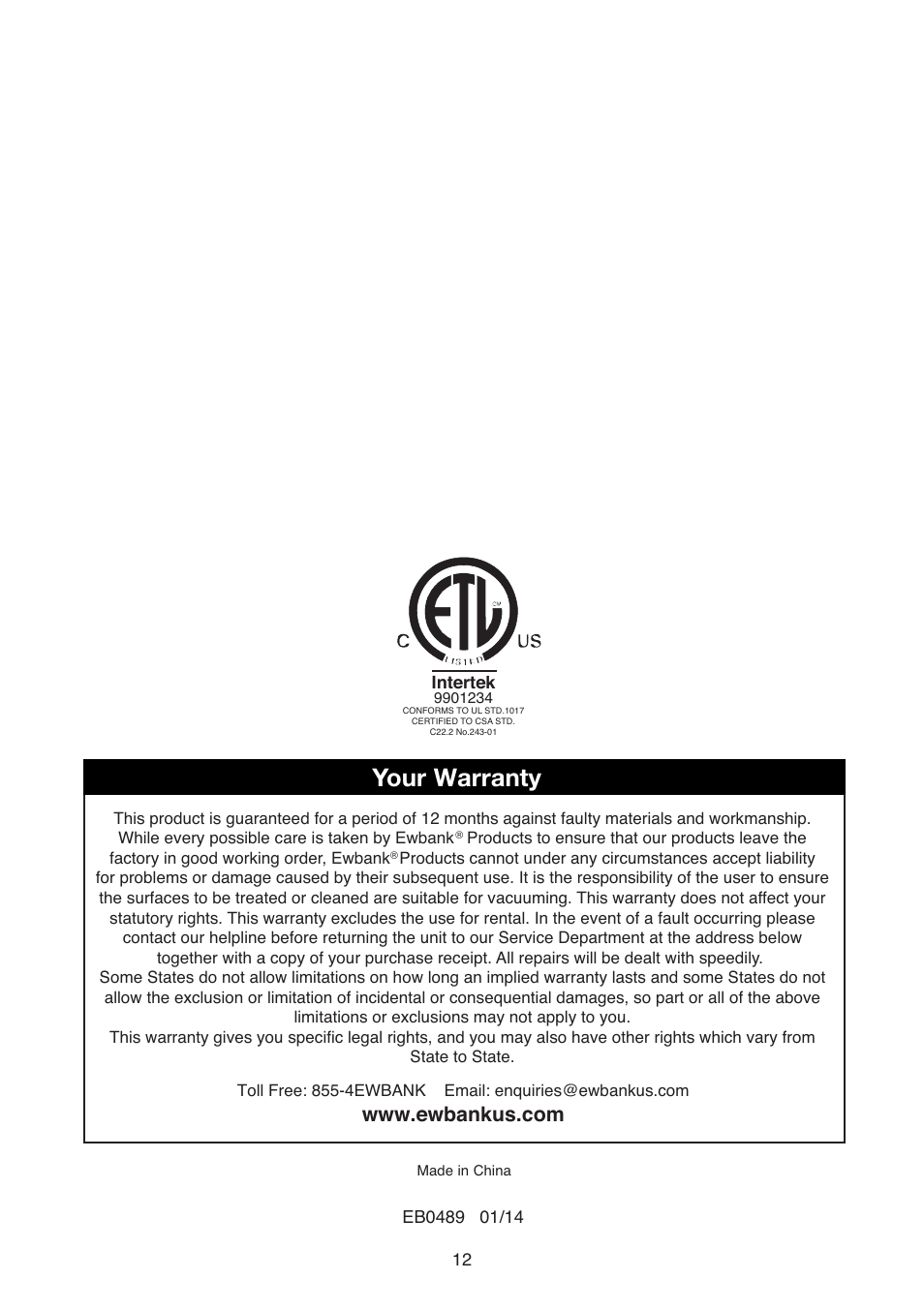 Your warranty | Ewbank Floor Scrubber & Polisher FP160 User Manual | Page 12 / 12