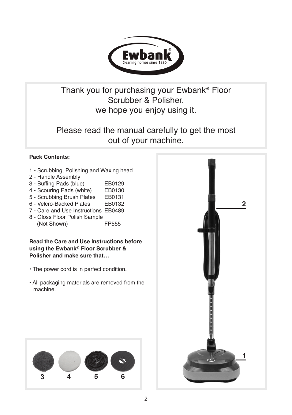 Ewbank Floor Scrubber & Polisher FP160 User Manual | Page 2 / 12