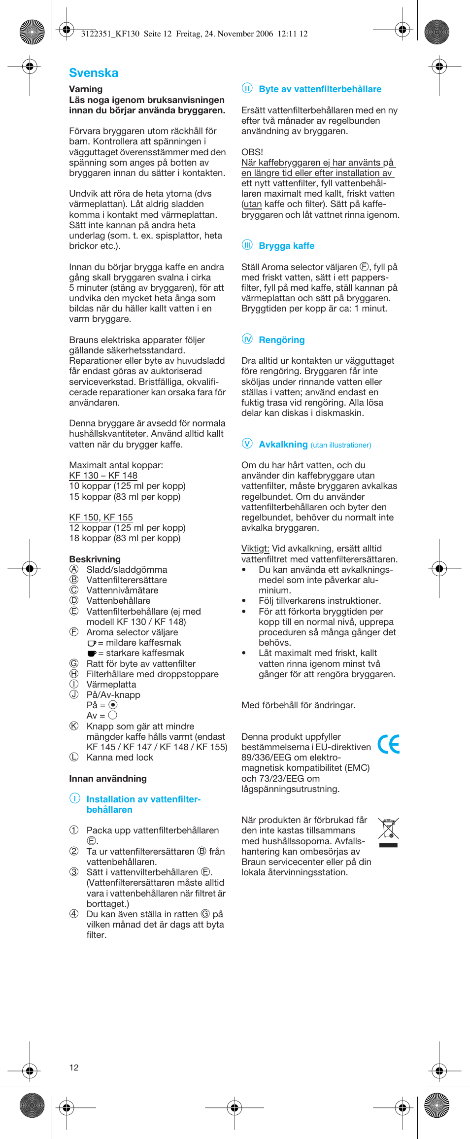 Svenska | Braun KF 150 User Manual | Page 12 / 21