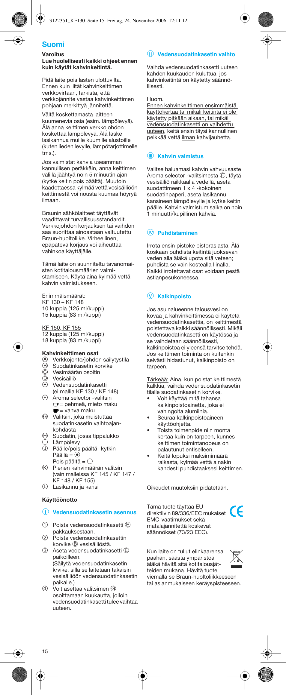 Suomi | Braun KF 150 User Manual | Page 13 / 21