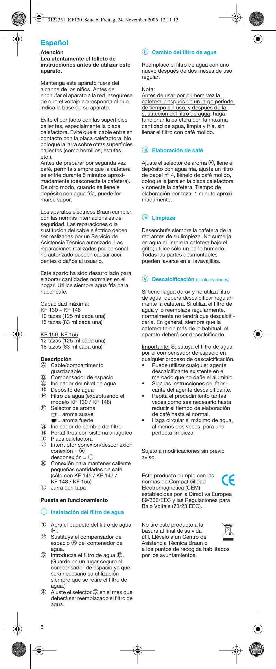 Español | Braun KF 150 User Manual | Page 6 / 21