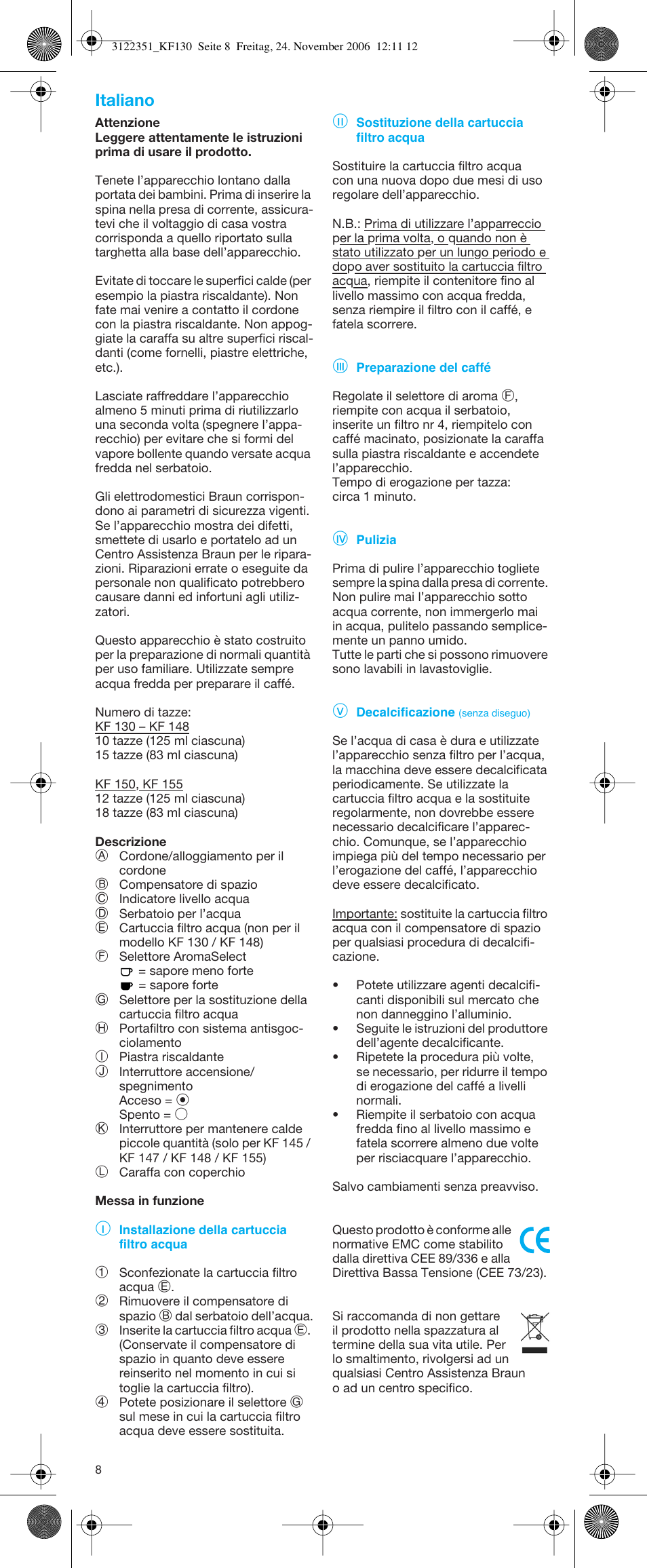 Italiano | Braun KF 150 User Manual | Page 8 / 21