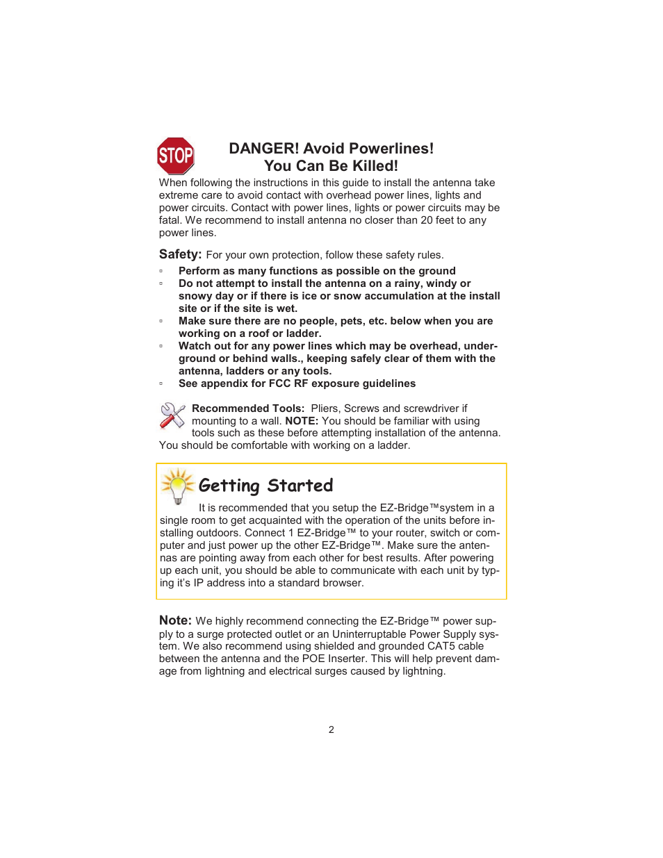Getting started, Danger! avoid powerlines! you can be killed | EZWatch EZBR-0519 User Manual | Page 2 / 12