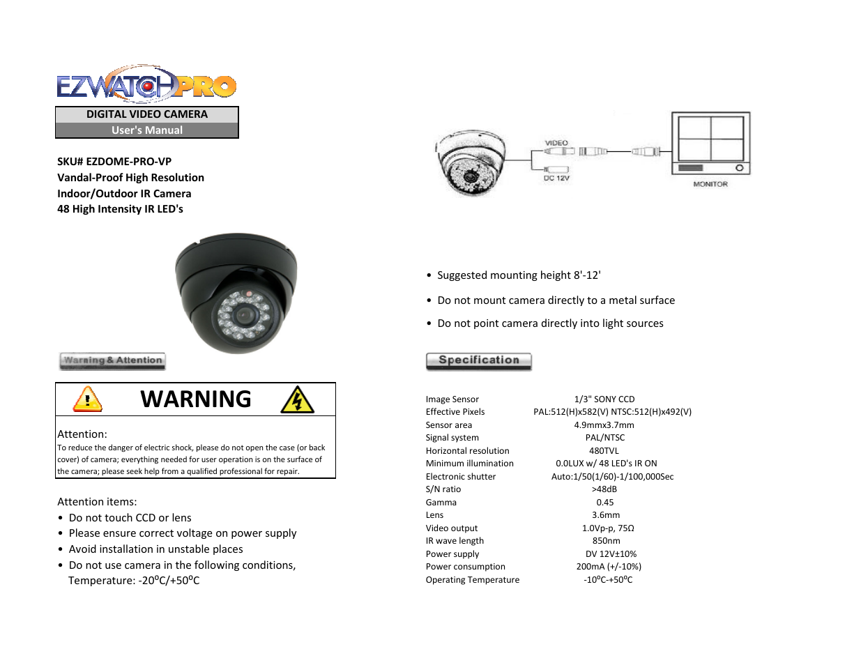 EZWatch EZ-DOMEPRO-VP User Manual | 2 pages