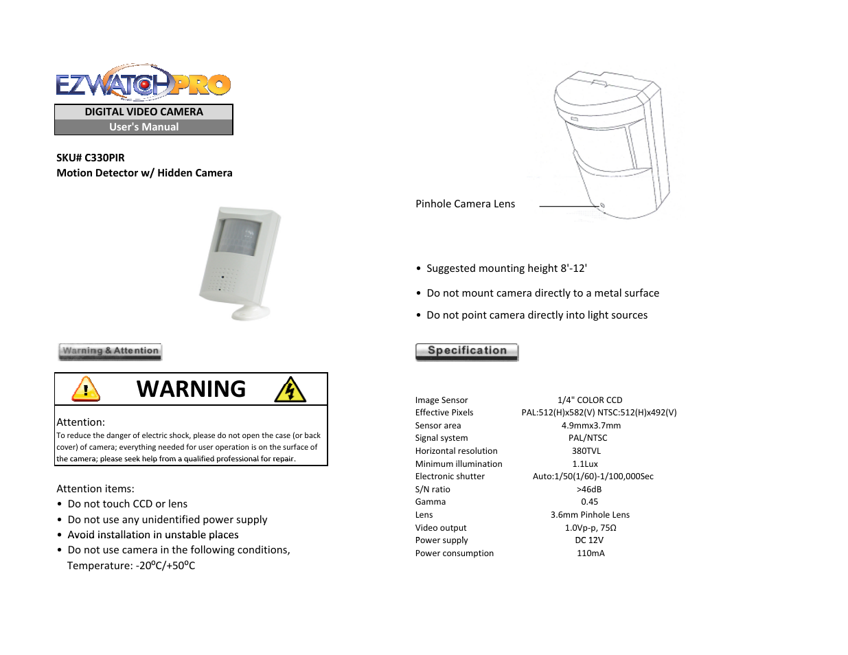 EZWatch C330PIR User Manual | 2 pages