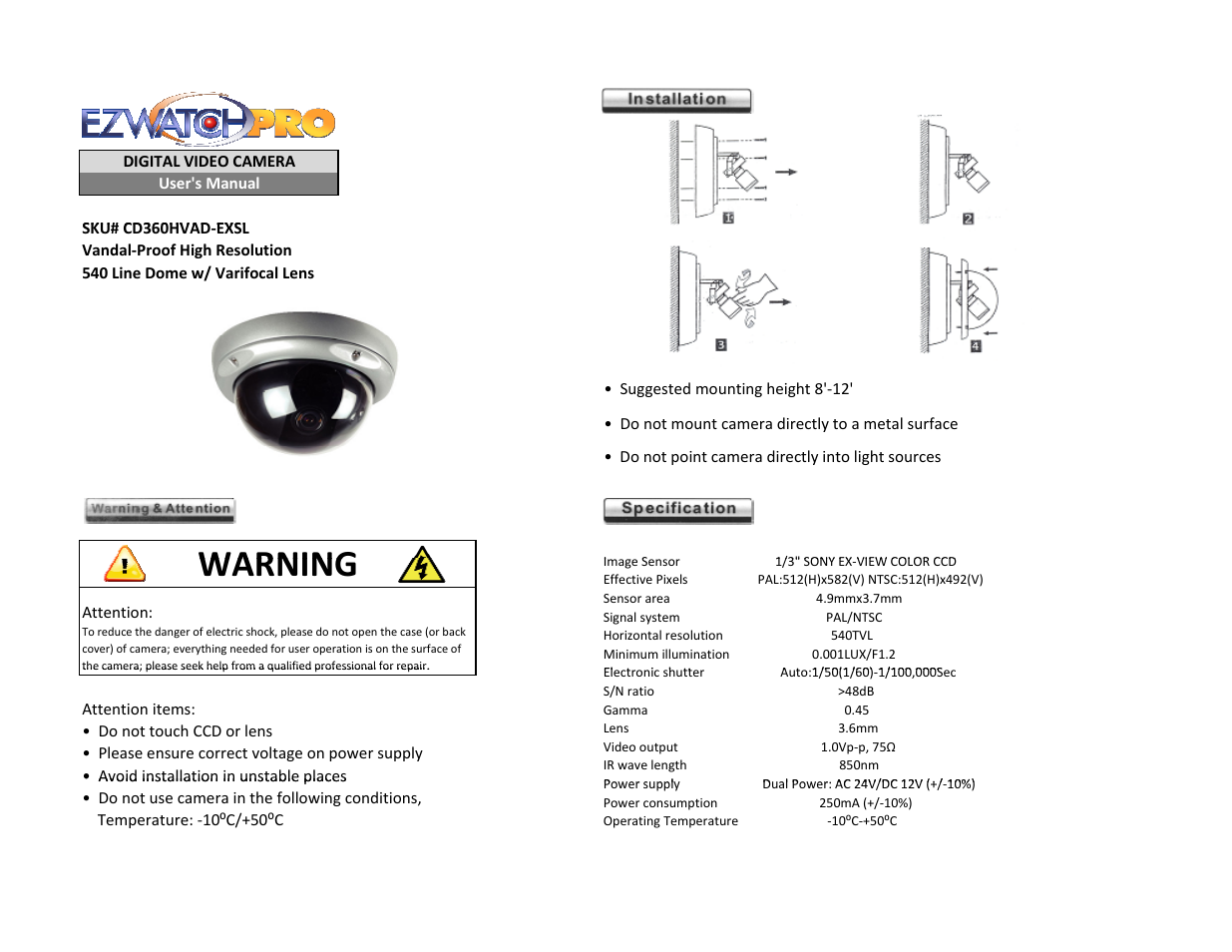 EZWatch CD360HVAD-EXSL User Manual | 2 pages