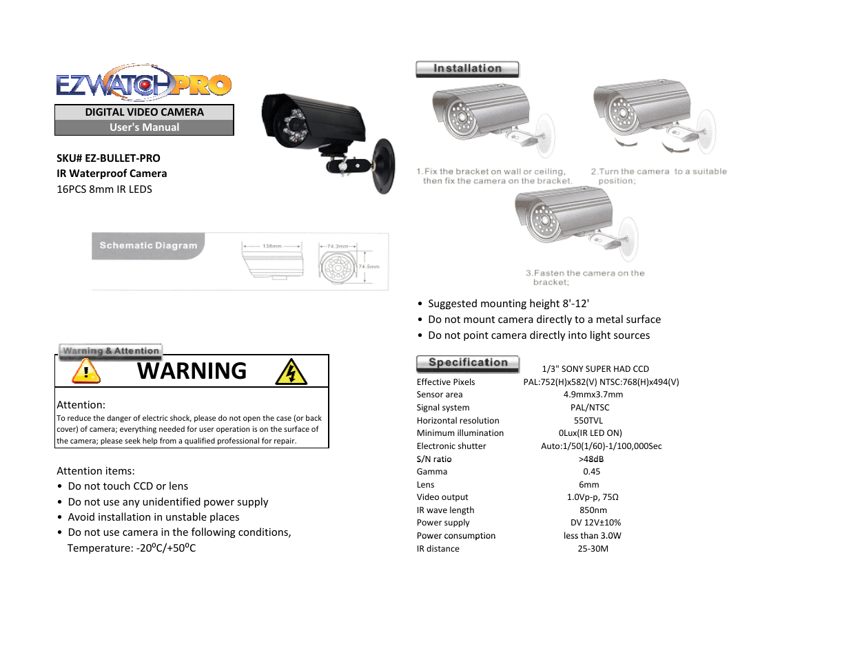 EZWatch EZBULLET-PRO User Manual | 2 pages
