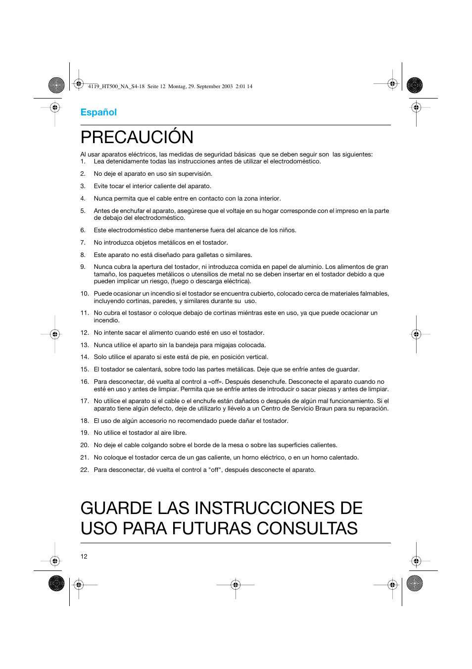 Español, Precaución | Braun MultiToast HT 500W User Manual | Page 12 / 15