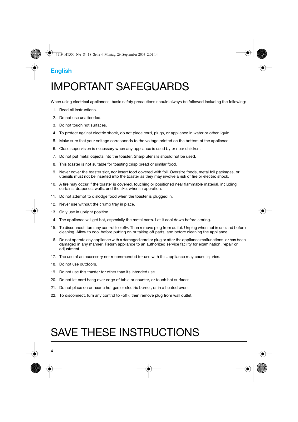 English, Important safeguards, Save these instructions | Braun MultiToast HT 500W User Manual | Page 4 / 15