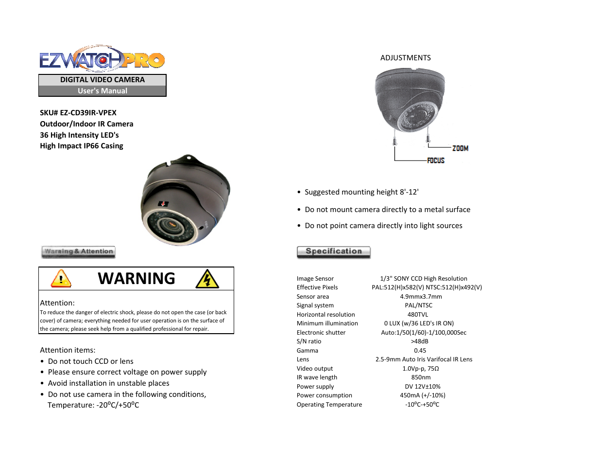 EZWatch EZ-CD39IR-VPEX User Manual | 2 pages