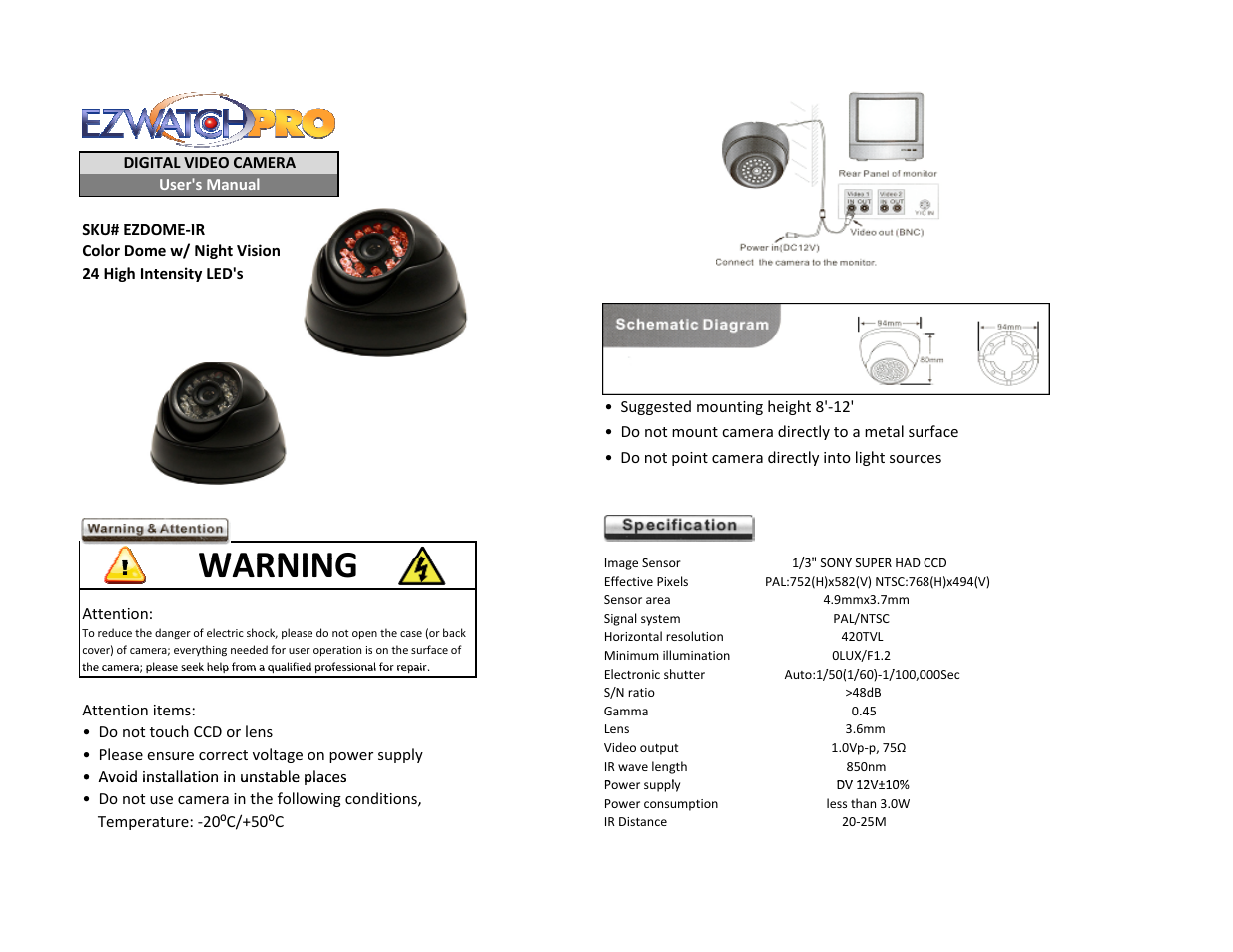 EZWatch EZDOME-IR User Manual | 2 pages