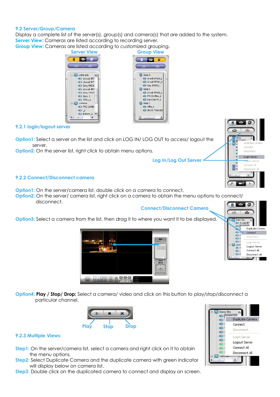 2 server/group/camera, 1 login/logout server, 2 connect/disconnect camera | 3 multiple views | EZWatch Evolution User Manual | Page 104 / 130