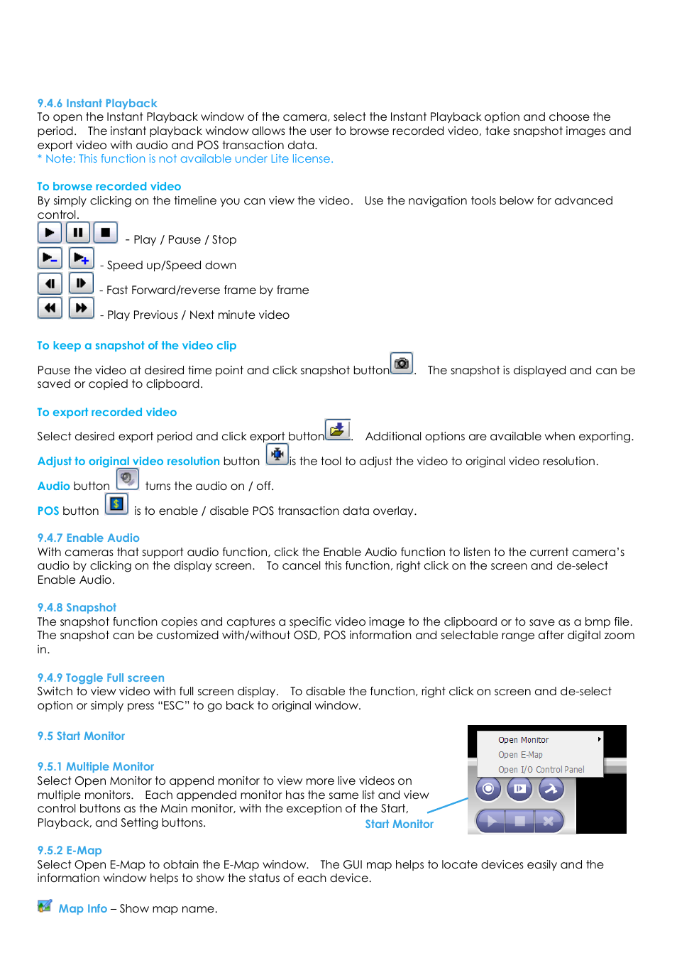 6 instant playback, 7 enable audio, 8 snapshot | 9 toggle full screen, 5 start monitor, 1 multiple monitor, 2 e-map | EZWatch Evolution User Manual | Page 106 / 130