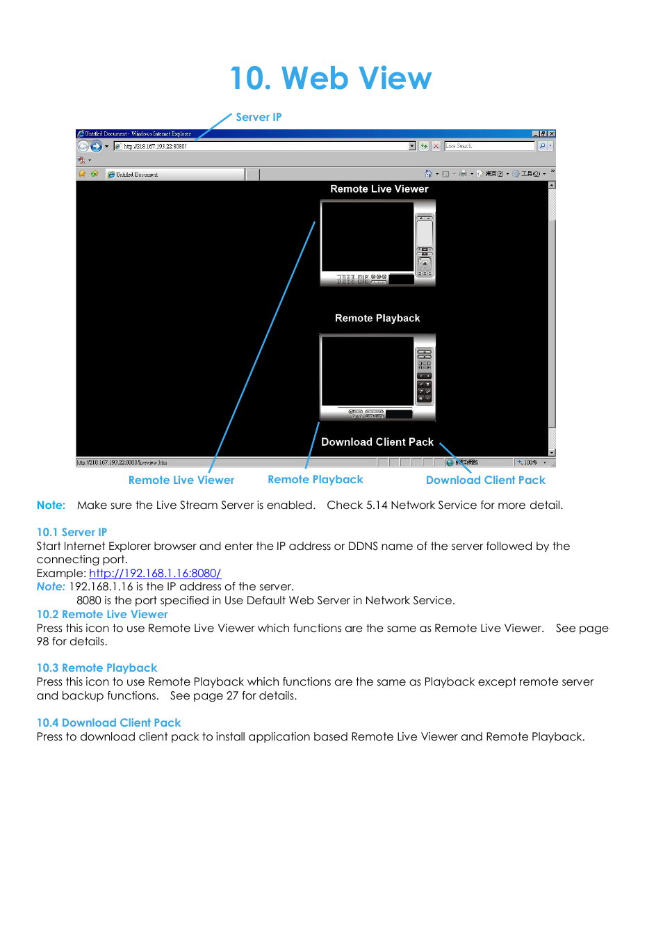 Web view, 1 server ip, 2 remote live viewer | 3 remote playback, 4 download client pack | EZWatch Evolution User Manual | Page 108 / 130