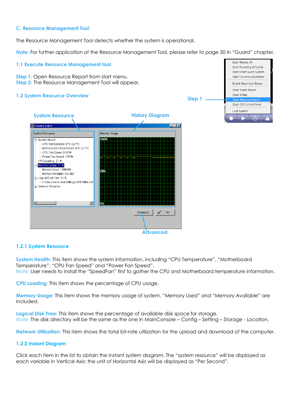 C. resource management tool, 1 execute resource management tool, 2 system resource overview | EZWatch Evolution User Manual | Page 115 / 130