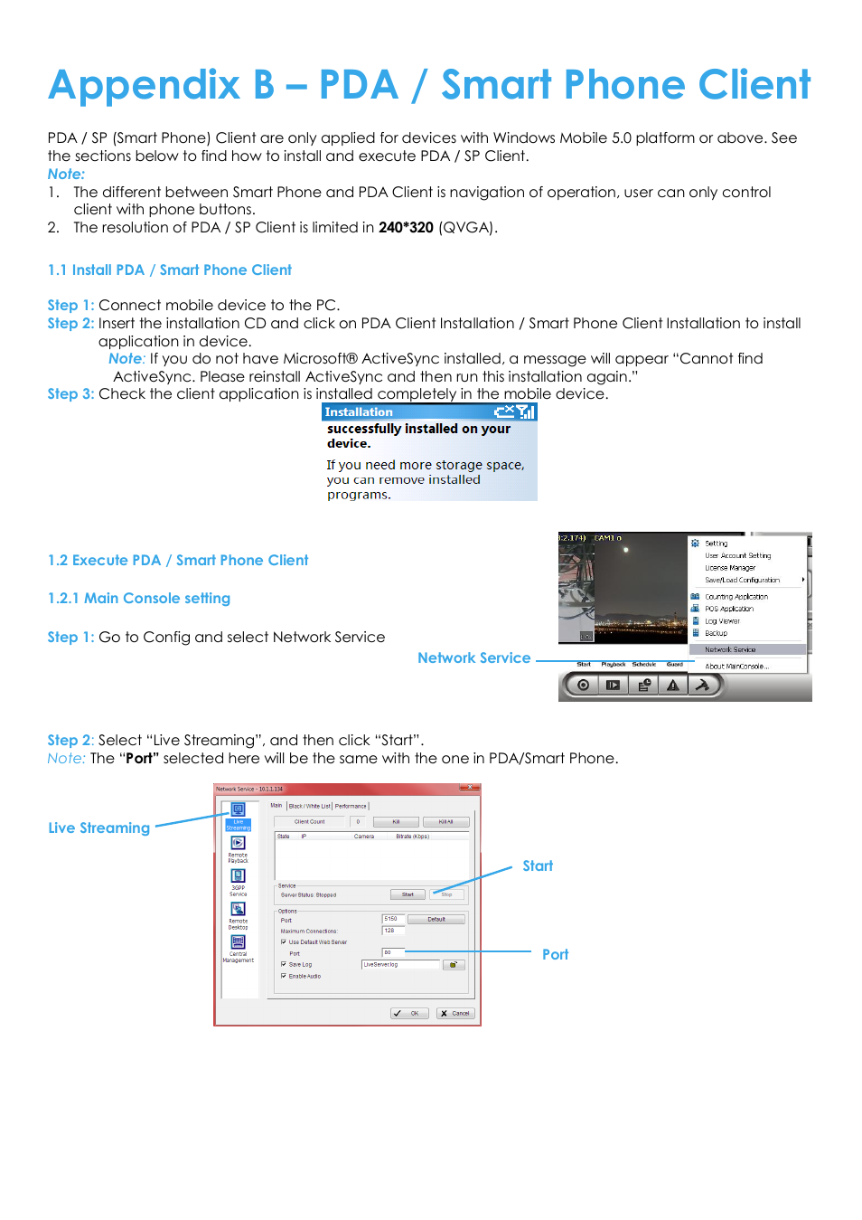 Appendix b – pda / smart phone client, 1 install pda / smart phone client, 2 execute pda / smart phone client | 1 main console setting | EZWatch Evolution User Manual | Page 125 / 130