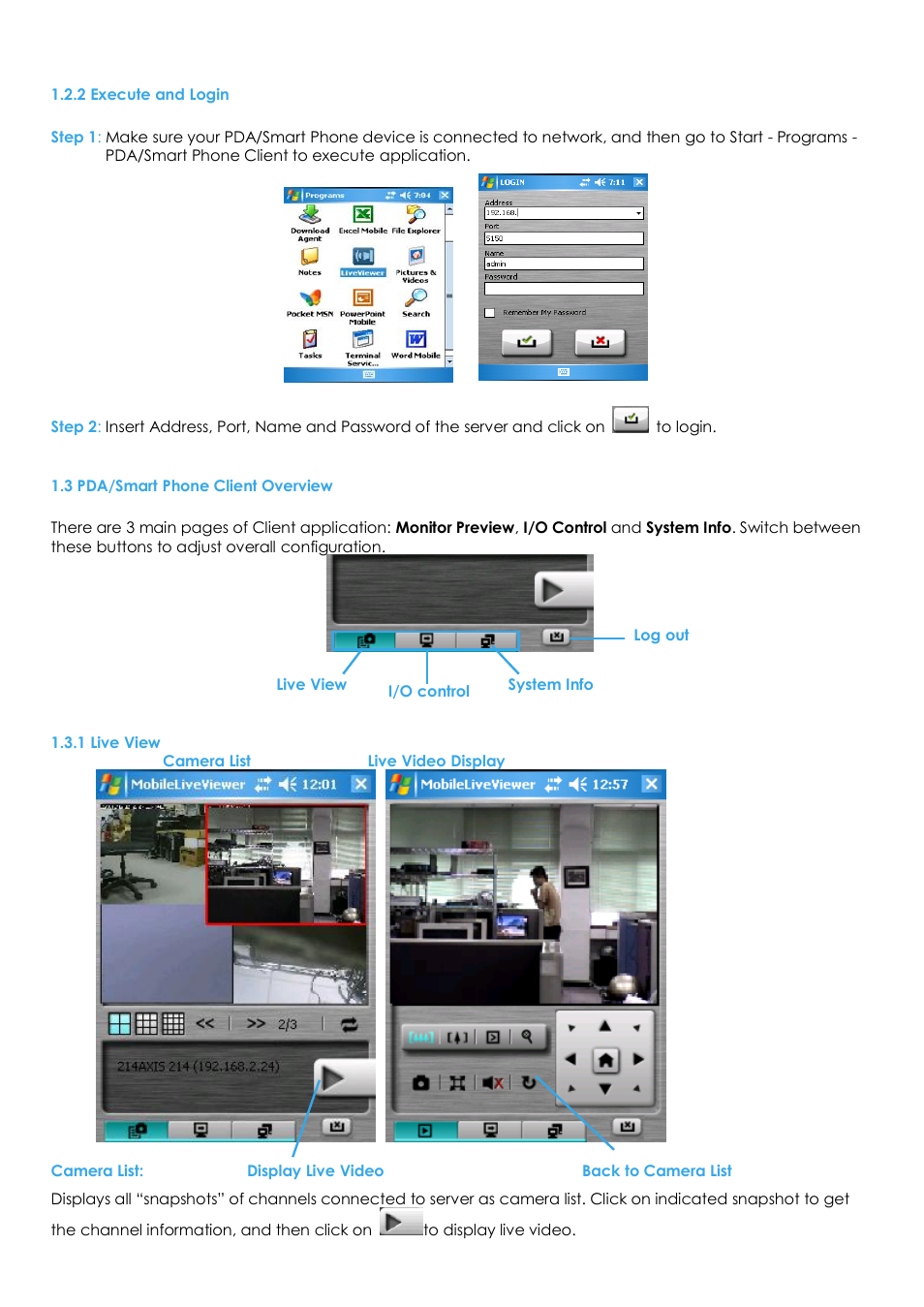 2 execute and login, 3 pda/smart phone client overview, 1 live view | EZWatch Evolution User Manual | Page 126 / 130