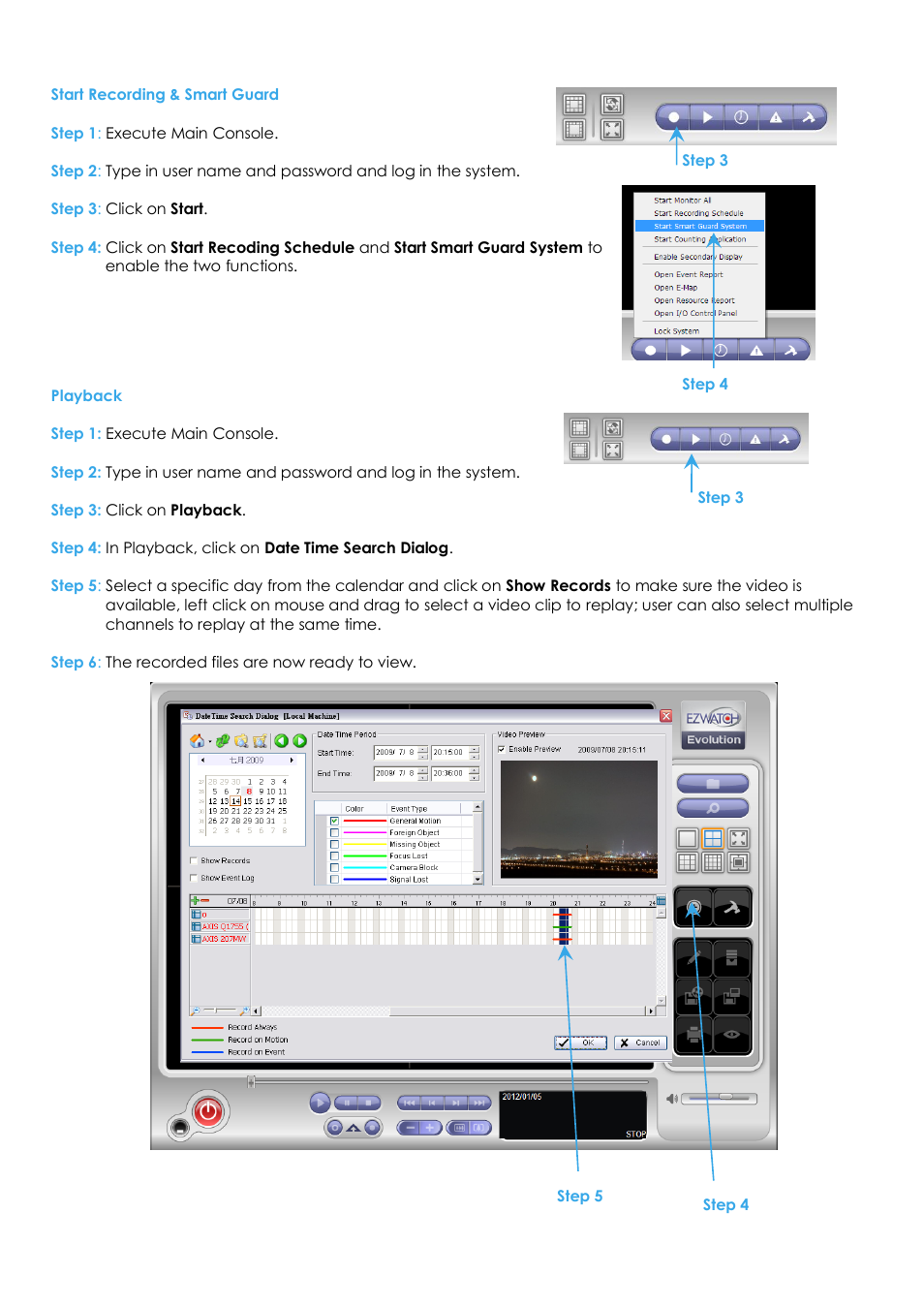 Start recording & smart guard, Playback | EZWatch Evolution User Manual | Page 18 / 130