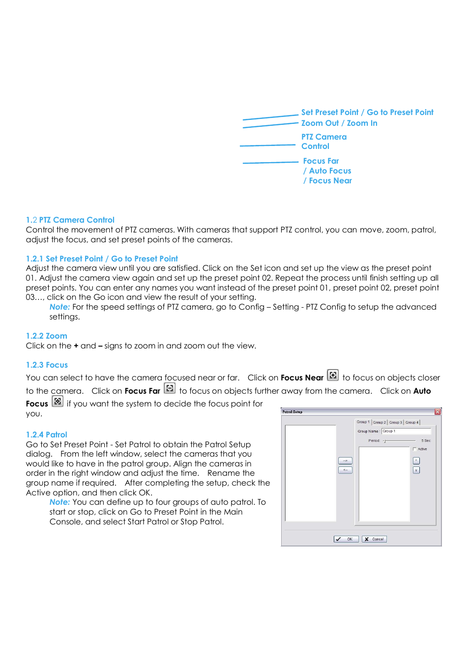 2 ptz camera control, 1 set preset point / go to preset point, 2 zoom | 3 focus, 4 patrol | EZWatch Evolution User Manual | Page 22 / 130