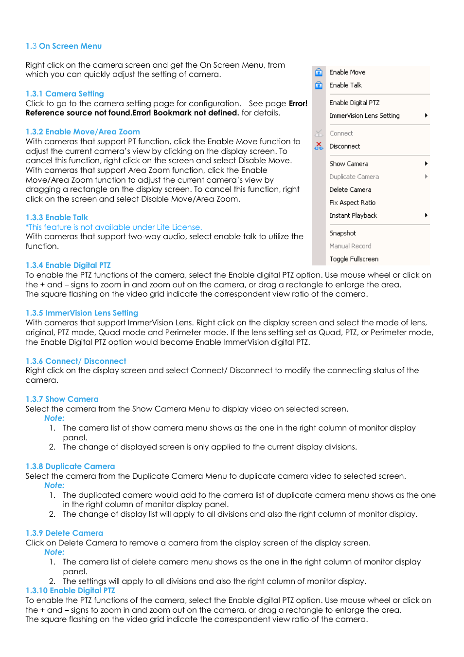 3 on screen menu, 1 camera setting, 2 enable move/area zoom | 3 enable talk, 4 enable digital ptz, 5 immervision lens setting, 6 connect/ disconnect, 7 show camera, 8 duplicate camera, 9 delete camera | EZWatch Evolution User Manual | Page 23 / 130