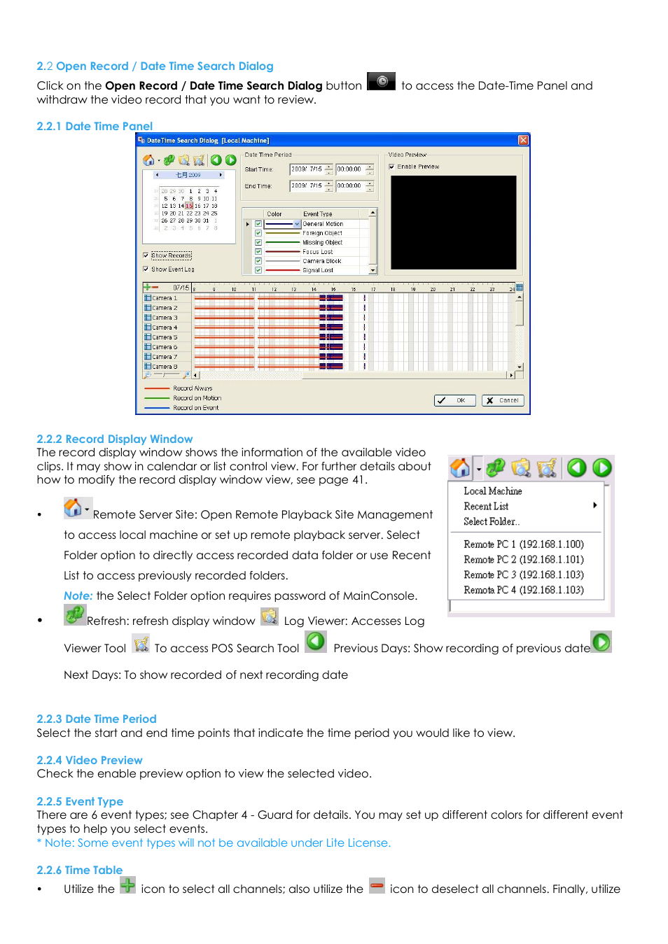 2 open record / date time search dialog, 1 date time panel, 2 record display window | 3 date time period, 4 video preview, 5 event type, 6 time table | EZWatch Evolution User Manual | Page 30 / 130