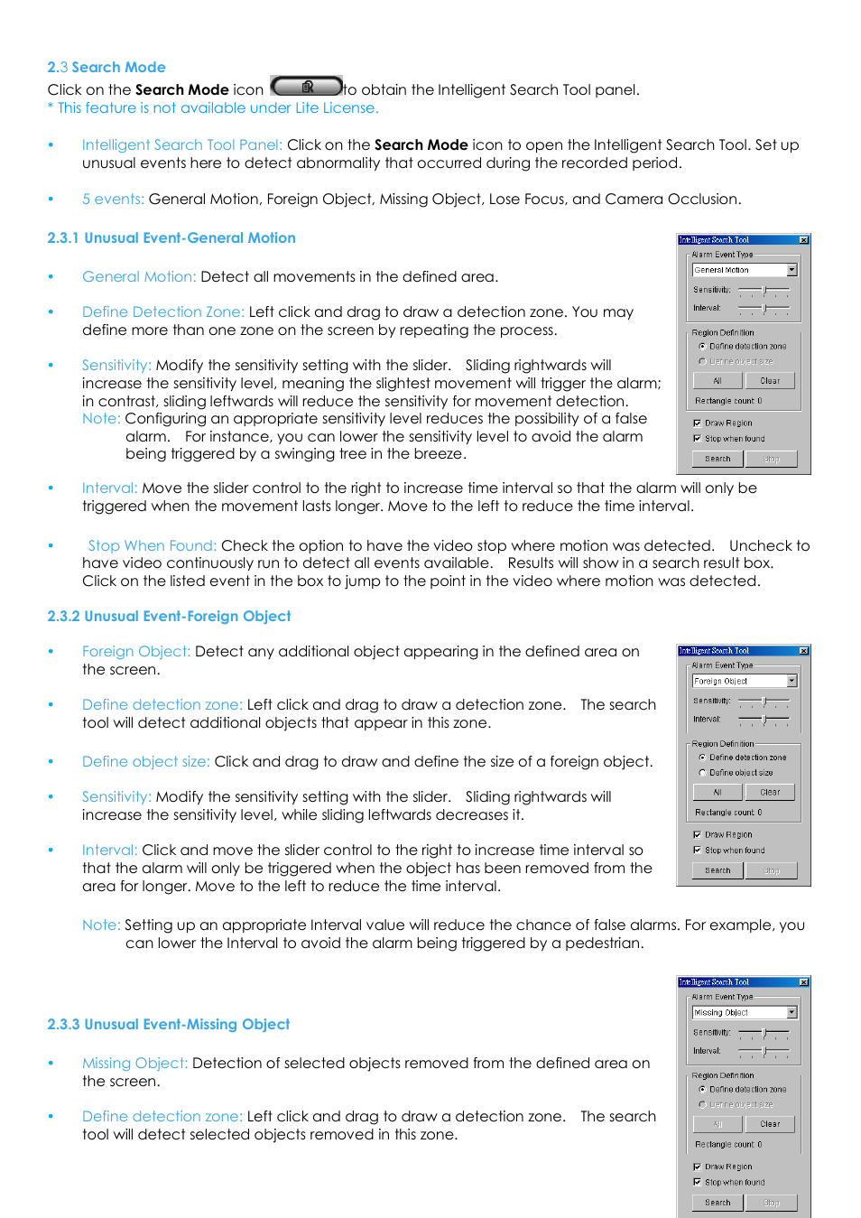 3 search mode, 1 unusual event-general motion, 2 unusual event-foreign object | 3 unusual event-missing object | EZWatch Evolution User Manual | Page 32 / 130