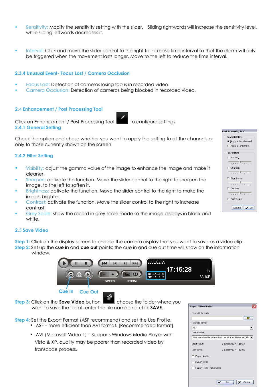 4 unusual event- focus lost / camera occlusion, 4 enhancement / post processing tool, 1 general setting | 2 filter setting, 5 save video | EZWatch Evolution User Manual | Page 33 / 130