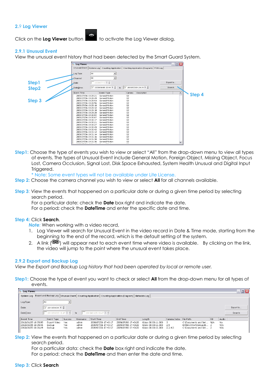 9 log viewer, 1 unusual event, 2 export and backup log | EZWatch Evolution User Manual | Page 36 / 130